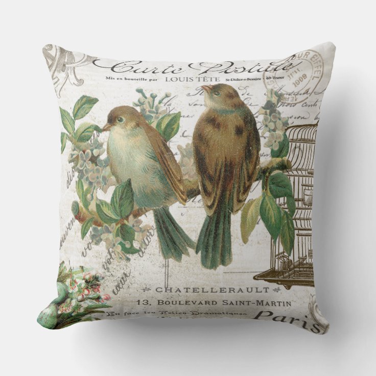 Modern Vintage French birds and birdcage Throw Pillow | Zazzle