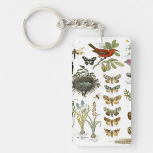 modern vintage french botanical birds and flowers keychain