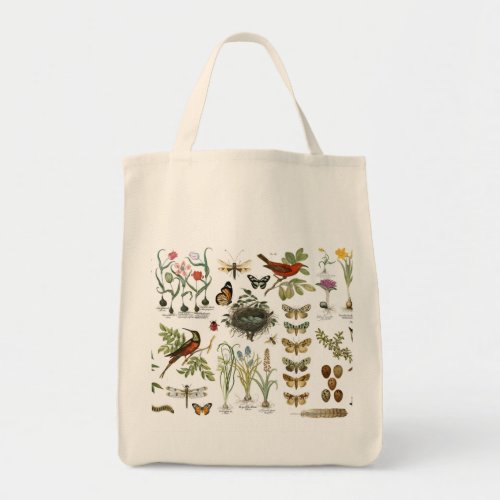 modern vintage french botanical birds and flowers tote bag