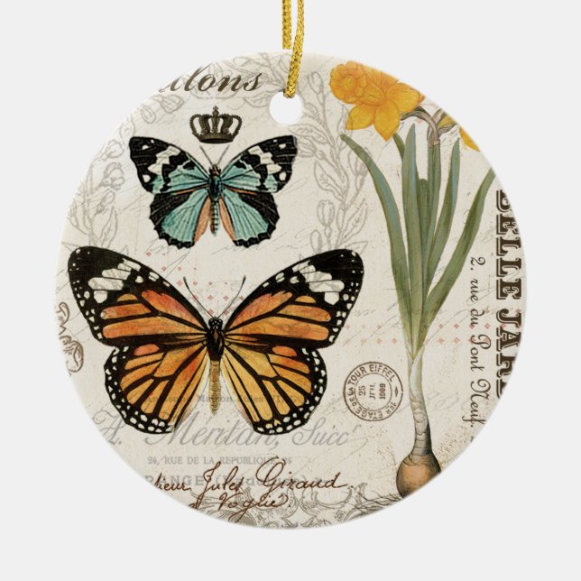 Modern vintage french butterflies ceramic ornament (Front)