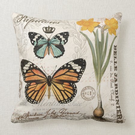Modern Vintage French Butterflies Throw Pillow