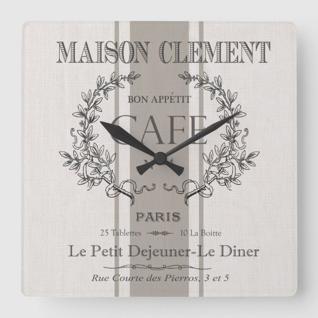 modern vintage french cafe square wall clock (Front)