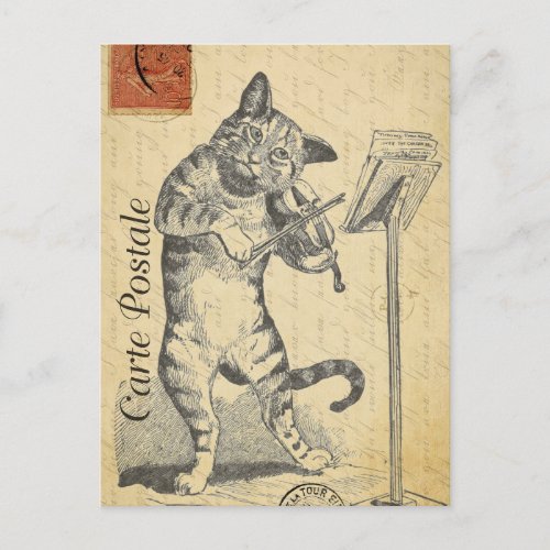 Modern Vintage French Cat Fiddle collage Postcard