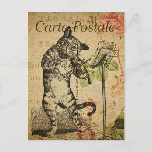 Modern Vintage French Cat fiddle collage Postcard