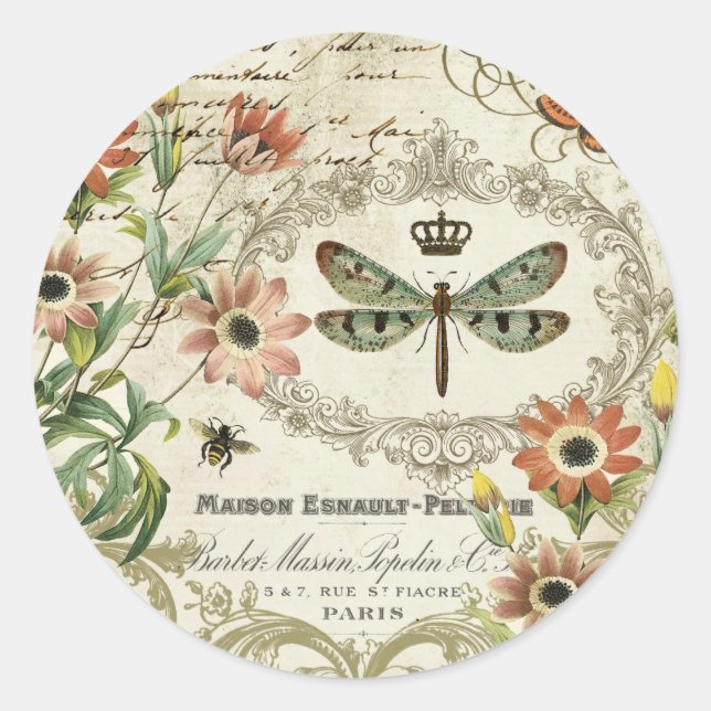Modern Vintage French Dragonfly Classic Round Sticker (Front)