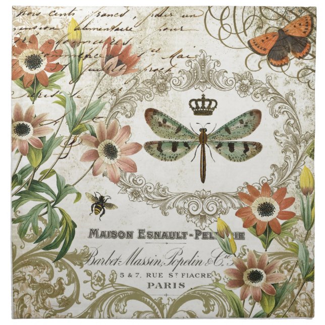 Modern Vintage French Dragonfly Napkin (Front)