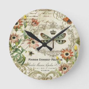 Modern Vintage French Dragonfly Round Clock