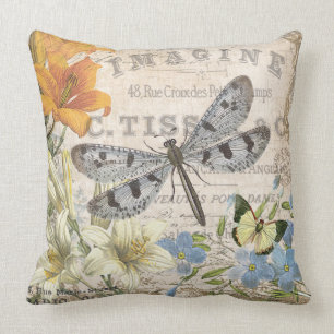 modern vintage french dragonfly throw pillow