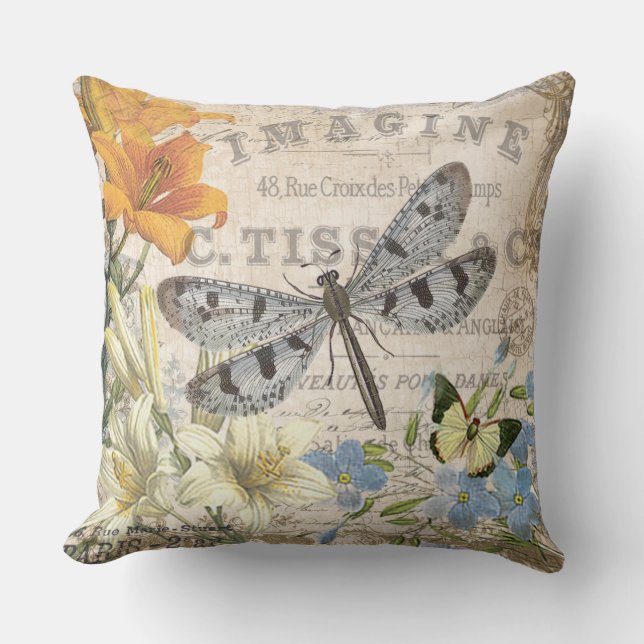 modern vintage french dragonfly throw pillow (Front)