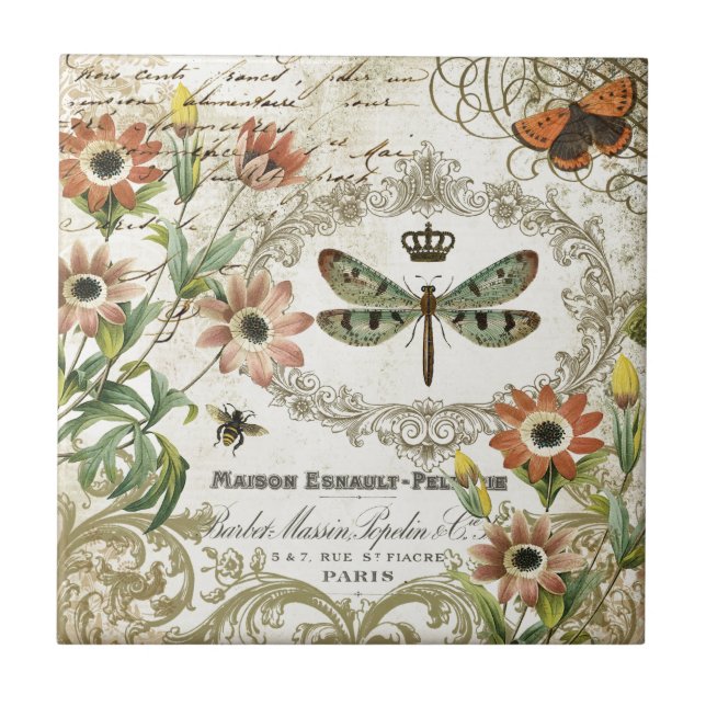 Modern Vintage French Dragonfly Tile (Front)