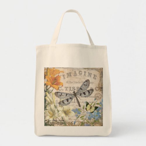 modern vintage french dragonfly tote bag