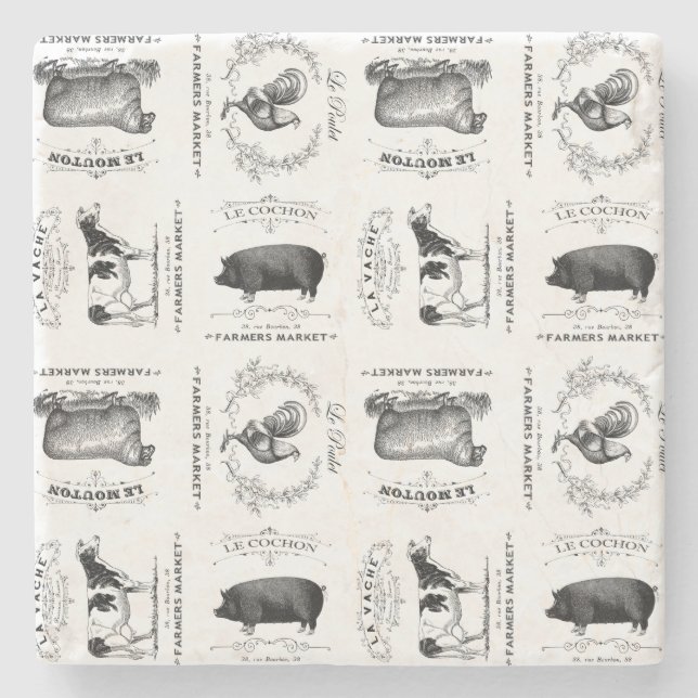 modern vintage french farm animals stone coaster (Front)