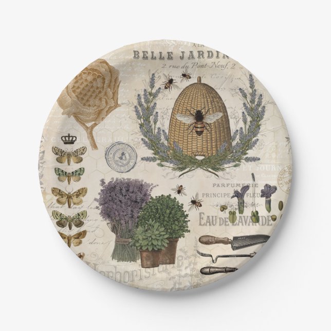 Modern Vintage French Farmhouse Bee Paper Plates (Front)