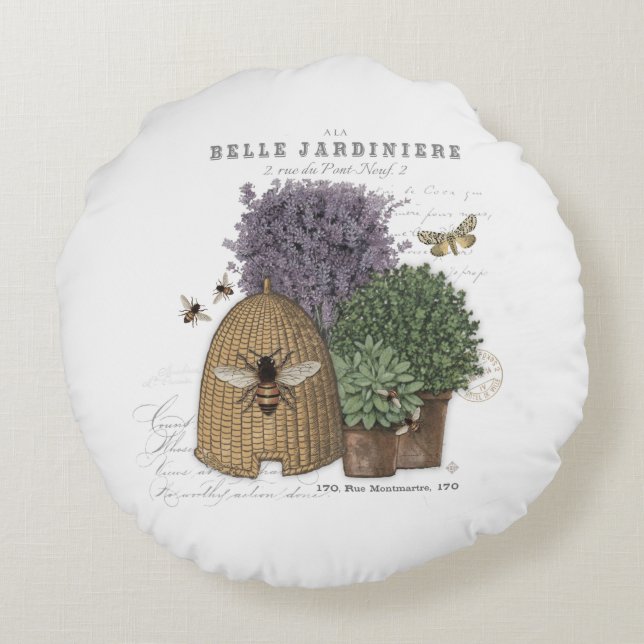 Modern vintage french farmhouse bee round pillow (Back)