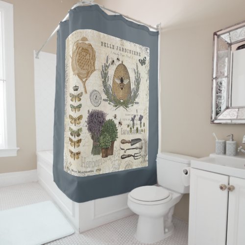 Modern vintage french farmhouse bee shower curtain