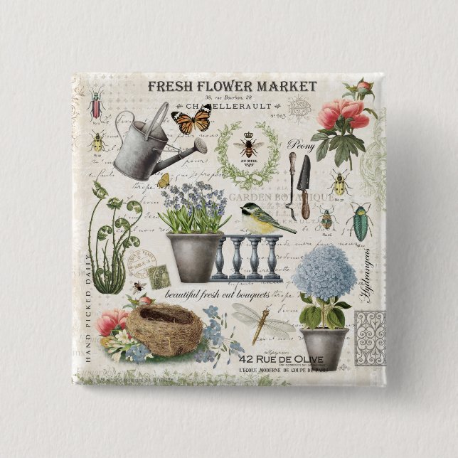 Modern Vintage french farmhouse flower garden Button (Front)
