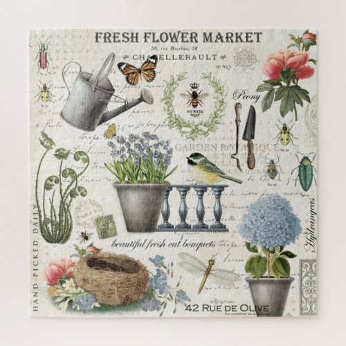 Modern Vintage french farmhouse flower garden Jigsaw Puzzle