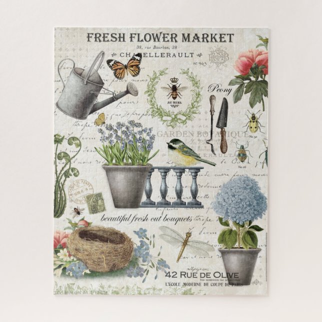 Modern Vintage french farmhouse flower garden Jigsaw Puzzle (Vertical)
