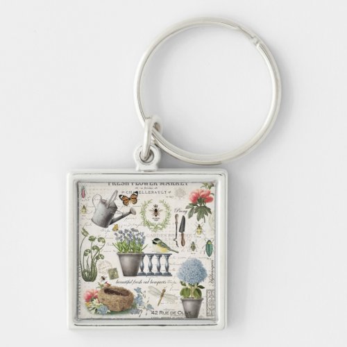 Modern Vintage French farmhouse flower garden Keychain