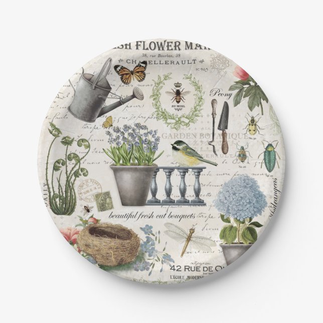 Modern Vintage french farmhouse flower garden Paper Plates (Front)