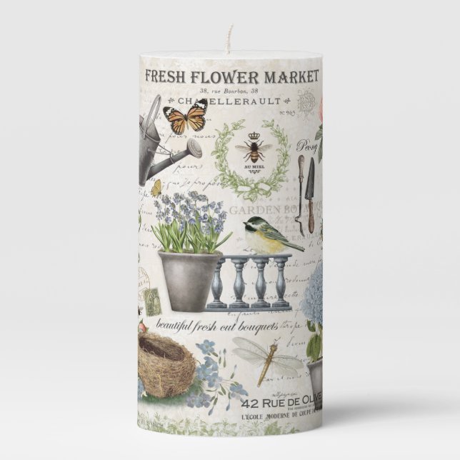 Modern Vintage french farmhouse flower garden Pillar Candle (Front)