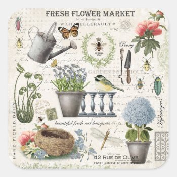 Modern Vintage French Farmhouse Flower Garden Square Sticker by GIFTSBYHEATHERMYERS at Zazzle