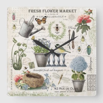 Modern Vintage French Farmhouse Flower Garden Square Wall Clock by GIFTSBYHEATHERMYERS at Zazzle