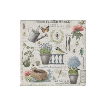 Modern Vintage French Farmhouse Flower Garden Stone Magnet by GIFTSBYHEATHERMYERS at Zazzle