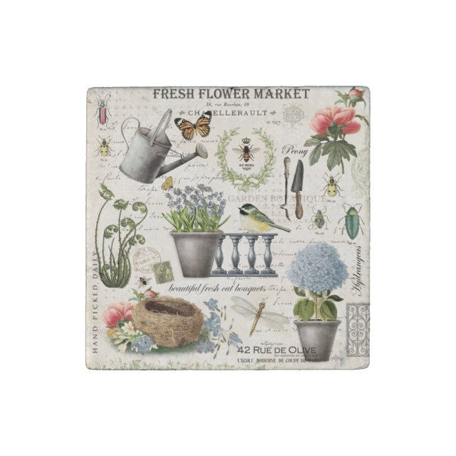 Modern Vintage french farmhouse flower garden Stone Magnet (Front)