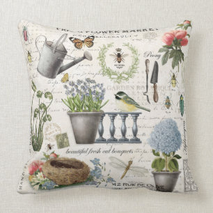 Modern Vintage french farmhouse flower garden Throw Pillow