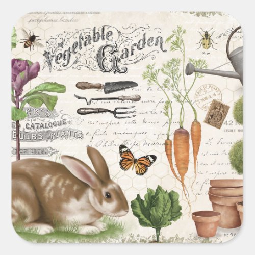 Modern Vintage French Farmhouse Garden Rabbit Square Sticker