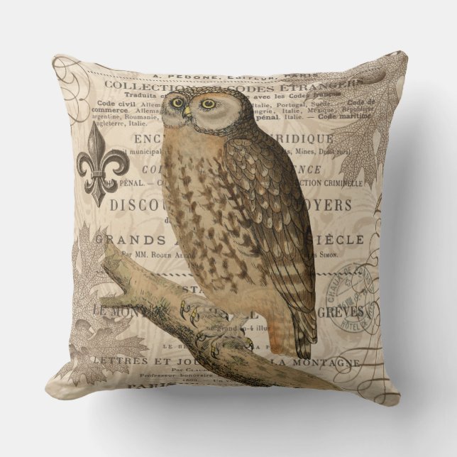 modern vintage french owl throw pillow (Front)