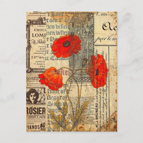 Modern Vintage French Poppy Flowers collage  Postcard