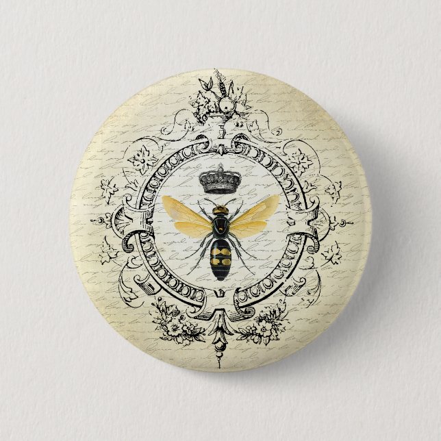 MODERN VINTAGE french queen bee Pinback Button (Front)