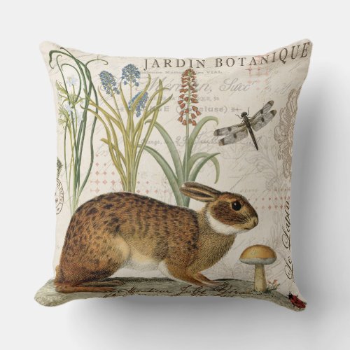 modern vintage french rabbit in the garden throw pillow