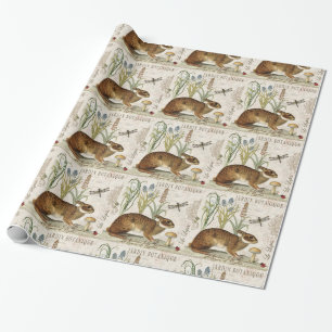 modern vintage french rabbit in the garden wrapping paper