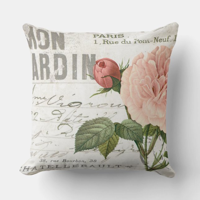 modern vintage french rose postcard throw pillow (Front)