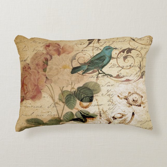 Modern Vintage french  Scripts bird botanical Accent Pillow (Front)