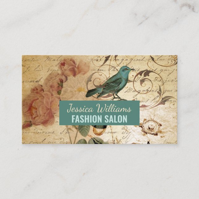 Modern Vintage french  Scripts bird botanical Business Card (Front)