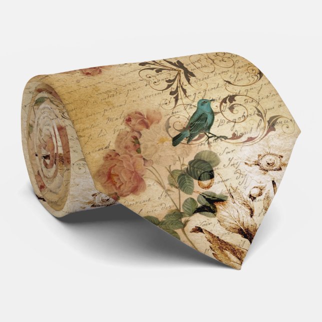 Modern Vintage french  Scripts bird botanical Neck Tie (Rolled)