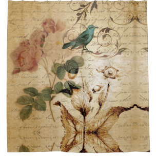 Modern Vintage french  Scripts bird botanical Shower Curtain