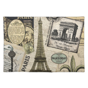 Modern Vintage French travel collage Cloth Placemat