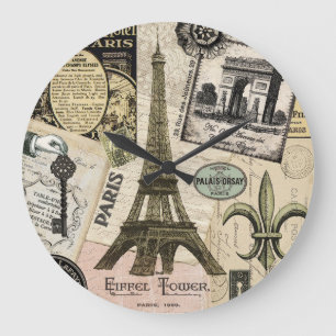 Modern Vintage French travel collage Large Clock