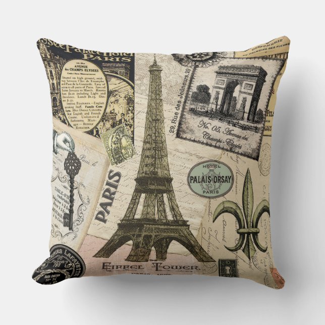 Modern Vintage French travel collage Throw Pillow (Front)