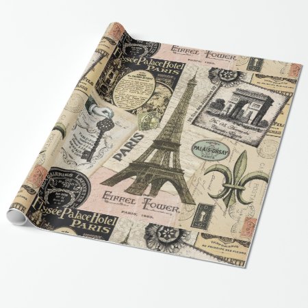 Modern Vintage French Travel Collage Wrapping Paper