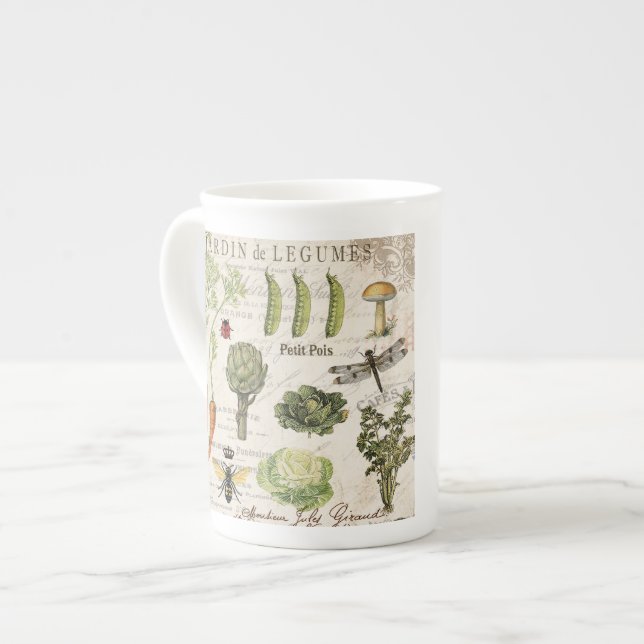 modern vintage french vegetable garden bone china mug (Front Left)