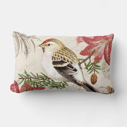 modern vintage french winter bird lumbar pillow