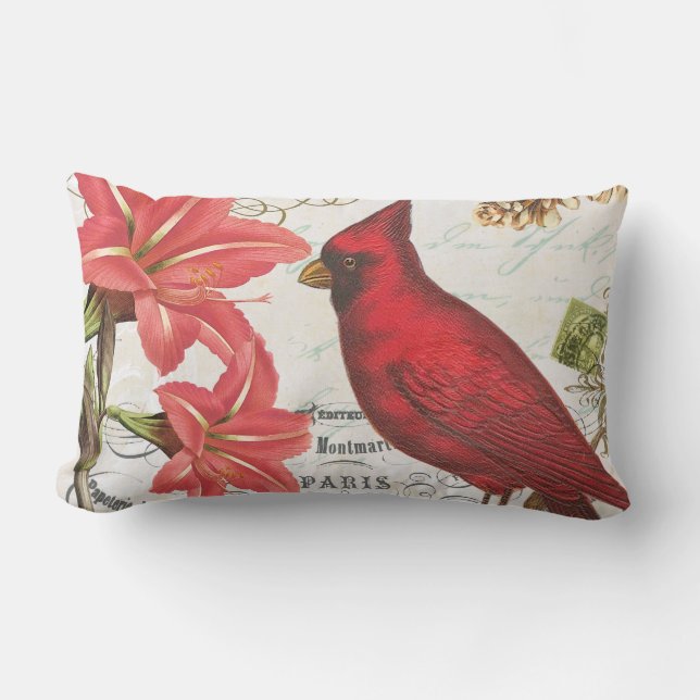 modern vintage french winter cardinal lumbar pillow (Front)