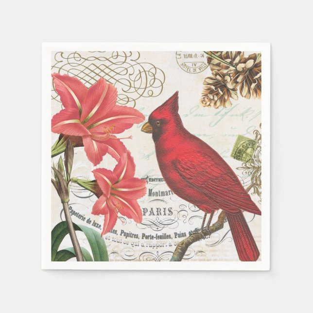 modern vintage french winter cardinal paper napkins (Front)