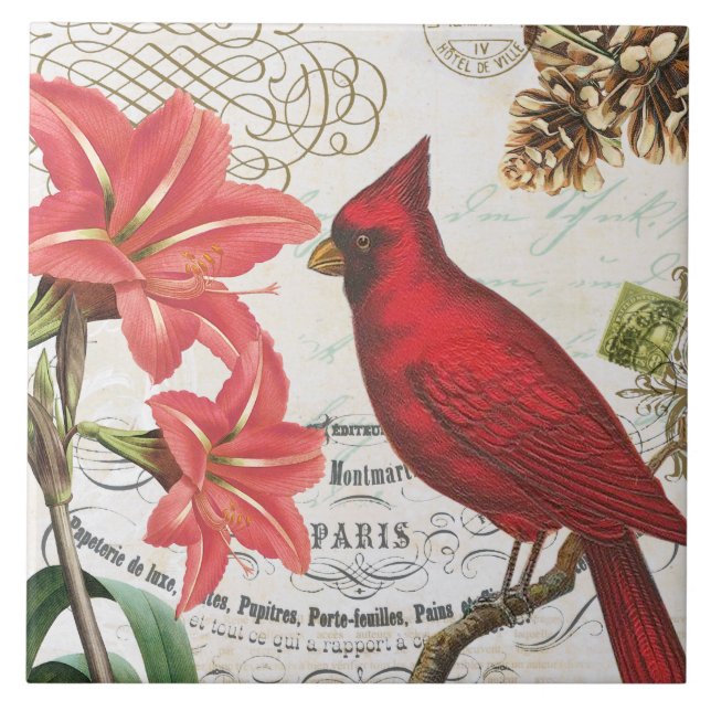 modern vintage french winter cardinal tile (Front)